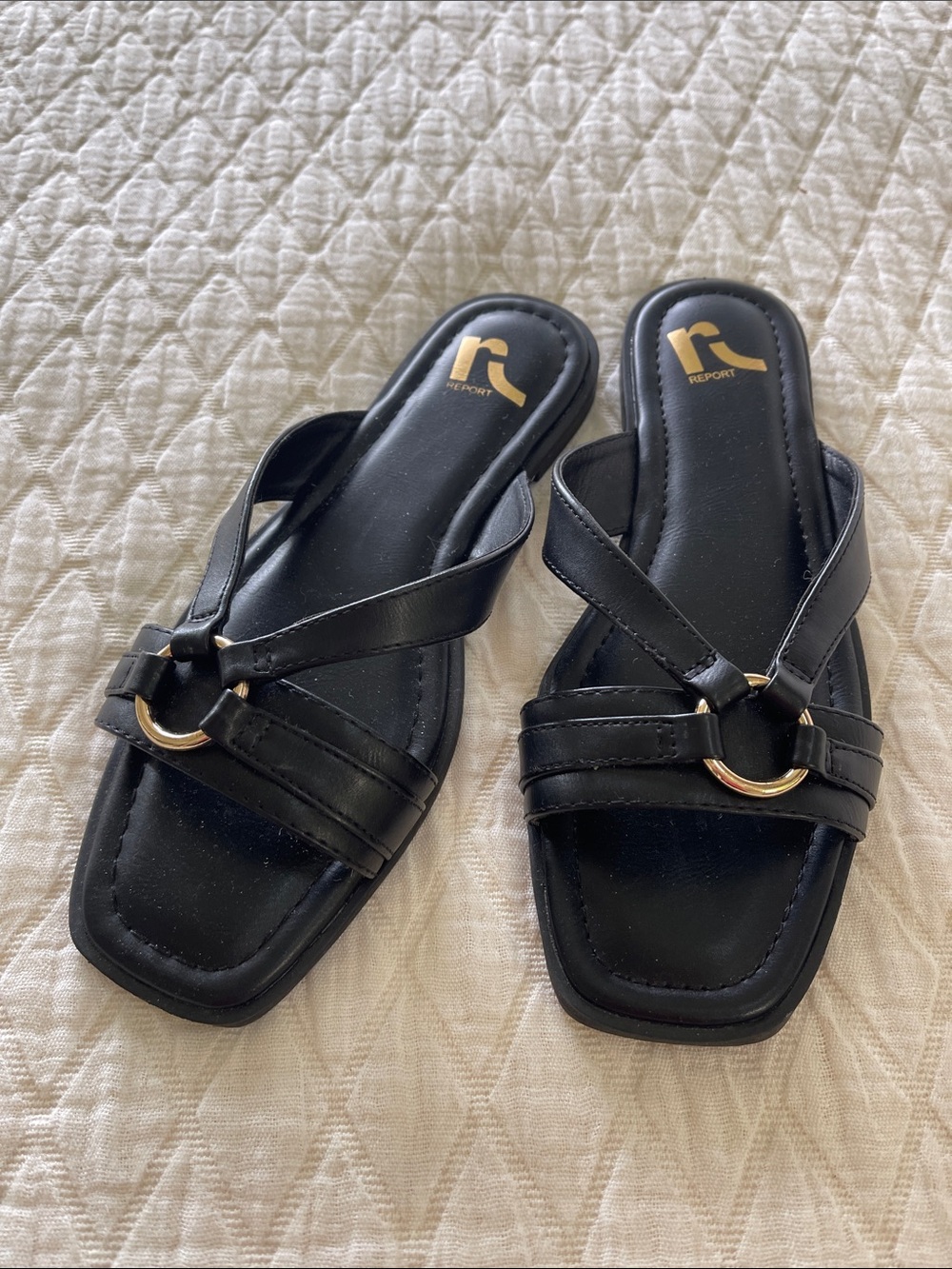 Report Black Slide Sandals with Gold Ring